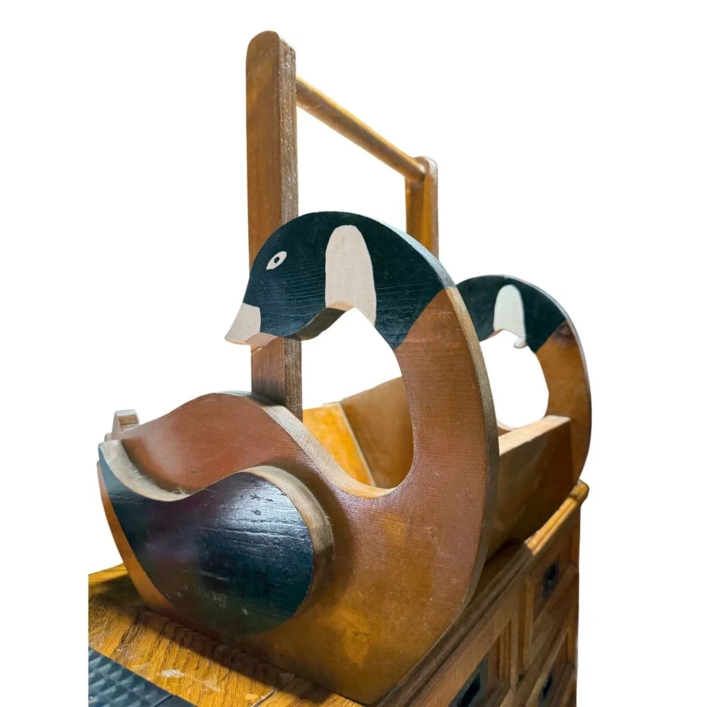 Vintage Wooden Canada Goose Basket Hand Painted Folk Art Decorative Caddy Handle